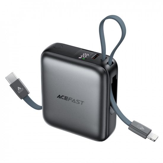 Acefast Power Bank (M23 10000) with 2x Built in Cables, USB C Port, 10000mAh, 22.5W, Two Way Fast Charging, LED Gray