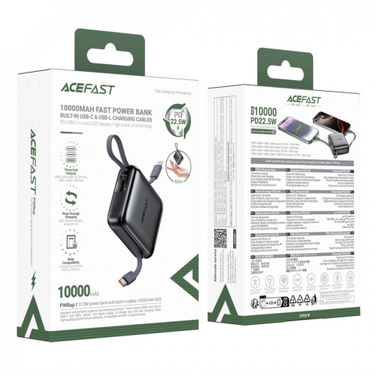 Acefast Power Bank (M23 10000) with 2x Built in Cables, USB C Port, 10000mAh, 22.5W, Two Way Fast Charging, LED Gray