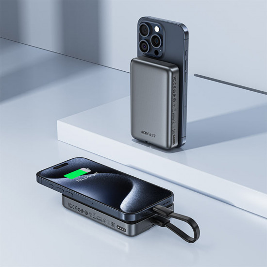 Acefast Magnetic Wireless Power Bank (M10 10000) with Type C Cable, 0.1m, 2x USB C, 10000mAh, 30W, LED Indicator Black