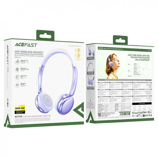 Acefast Wireless Headset (H8) Type C, Bluetooth 5.4, ANC Mode, Hybrid Noise Reduction, 500mAh, Professional HiFi Purple