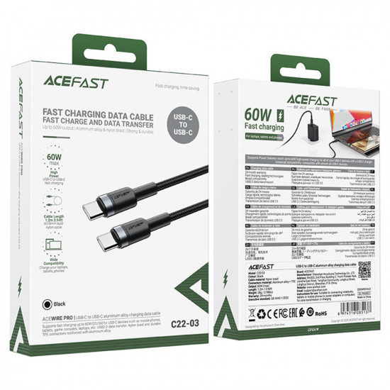 Acefast Data Cable (C22 03) Fast Charge, Type C to Type C, 60W, 3A, Nylon Braid, FCC, CE, RoHS, EAC, 1.2m Black Acefast Data Cable (C22 03) Fast Charge, Type C to Type C, 60W, 3A, Nylon Braid, FCC, CE, RoHS, EAC, 1.2m Black