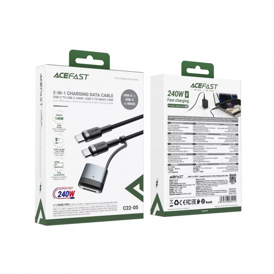 Acefast Data Cable (C22 05) Fast Charging, Type C to Type C, MagSafe 3 Adapter, 240W, 48V/5A, 1.2m Black Acefast Data Cable (C22 05) Fast Charging, Type C to Type C, MagSafe 3 Adapter, 240W, 48V/5A, 1.2m Black
