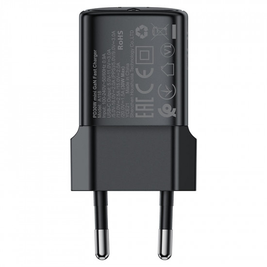 Acefast Wall Charger (A118) GaN Technology, Fast Charge, PD30W, Mini Design, Single USB C Output Black
