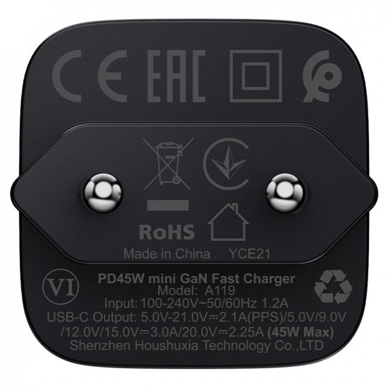 Acefast Wall Charger (A119) GaN Technology, Fast Charge, PD45W, Mini Design, Single USB C Output Black