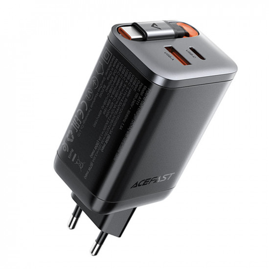 Acefast Wall Charger (A111) with Retractable Cable, Fast Charging, GaN, 2x Type C, USB, 67W, 3A, 65cm Black