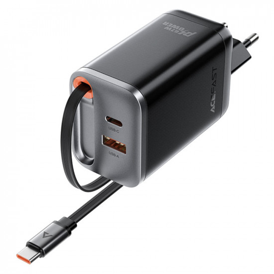 Acefast Wall Charger (A111) with Retractable Cable, Fast Charging, GaN, 2x Type C, USB, 67W, 3A, 65cm Black