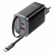 Acefast Wall Charger (A111) with Retractable Cable, Fast Charging, GaN, 2x Type C, USB, 67W, 3A, 65cm Black