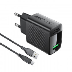 Acefast Wall Charger Set (A90) Type C Cable Included, USB, 18W, GaN Technology, Quick Charger Black