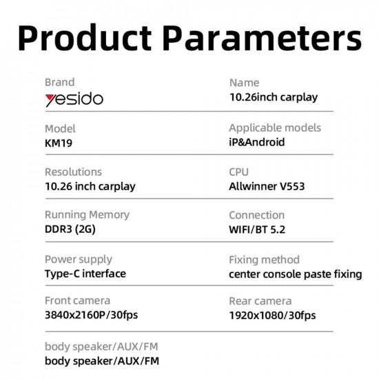 Yesido Wireless Car Stereo (KM19) Dual HD Camera, Plug&Play, CarPlay, Android Auto, AirPlay Black