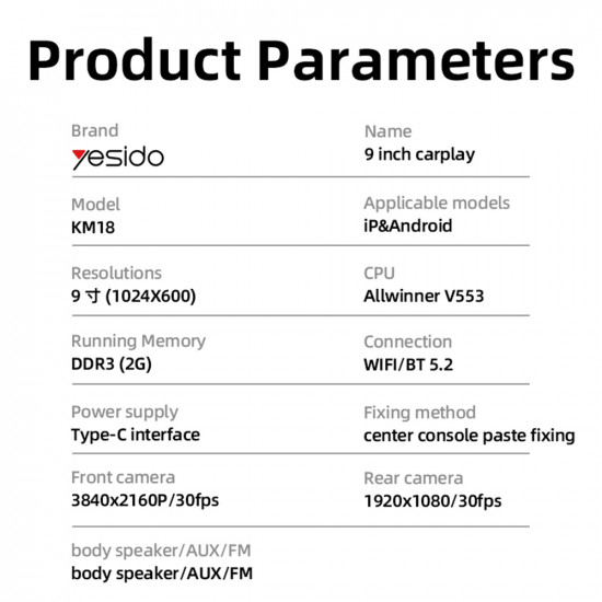 Yesido Wireless Car Stereo (KM18) Dual HD Camera, Bluetooth 5.2, Plug&Play, CarPlay, Android Auto, AirPlay Black