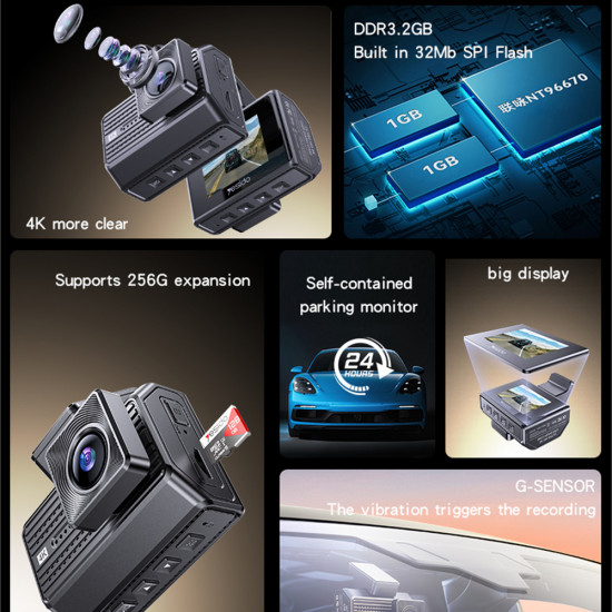 Yesido Dual Dash Camera (KM15) 2" IPS Display Screen, Front + Rear Dual Recording, G Sensor, Up to 256GB Storage Black