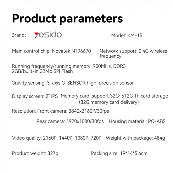 Yesido Dual Dash Camera (KM15) 2" IPS Display Screen, Front + Rear Dual Recording, G Sensor, Up to 256GB Storage Black