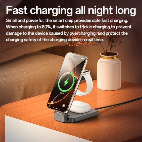 Yesido Wireless Charging Station (DS26) Magnetic, for Phone, Watch, Earbuds, Foldable, Stand, Night Light, 15W Grey