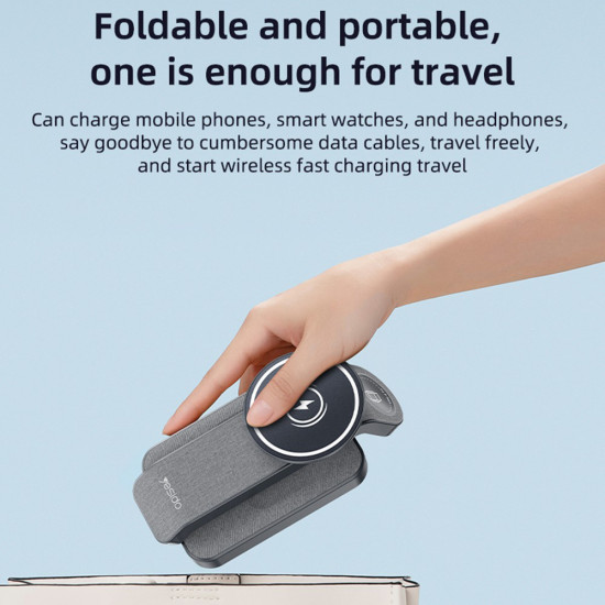 Yesido Wireless Charging Station (DS26) Magnetic, for Phone, Watch, Earbuds, Foldable, Stand, Night Light, 15W Grey