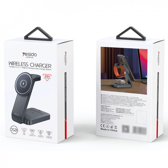 Yesido Wireless Charging Station (DS26) Magnetic, for Phone, Watch, Earbuds, Foldable, Stand, Night Light, 15W Grey