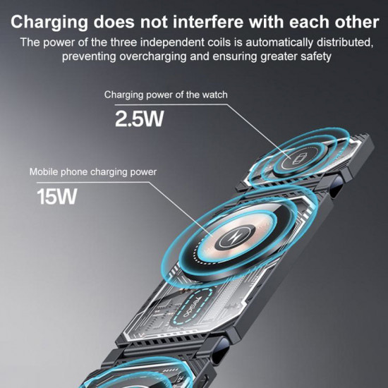 Yesido Wireless Charging Station (DS25) Magnetic Fast Charging, for Phone, Watch, Earbuds, Foldable, Stand, 15W Black