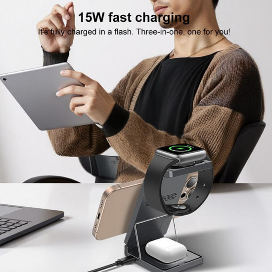 Yesido Wireless Charging Station (DS25) Magnetic Fast Charging, for Phone, Watch, Earbuds, Foldable, Stand, 15W Black