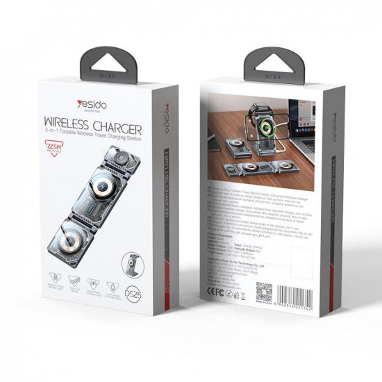 Yesido Wireless Charging Station (DS25) Magnetic Fast Charging, for Phone, Watch, Earbuds, Foldable, Stand, 15W Black