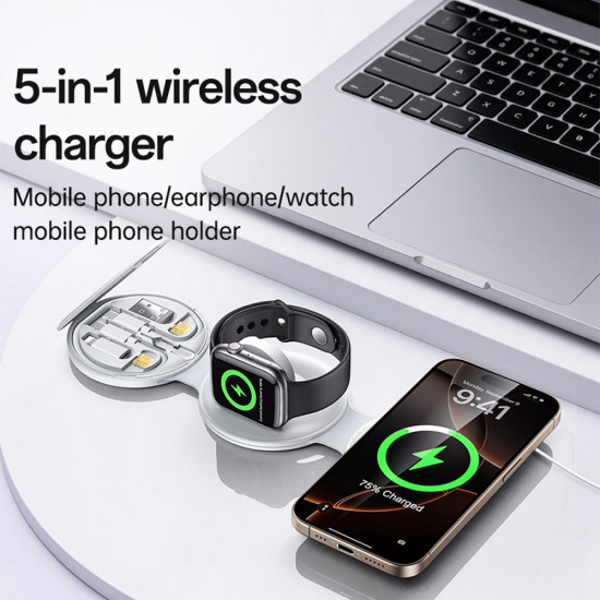 Yesido Wireless Charging Station 5in1 (DS29) for iPhone, Apple Watch, AirPods, Magnetic, Foldable, Holder, 15W White