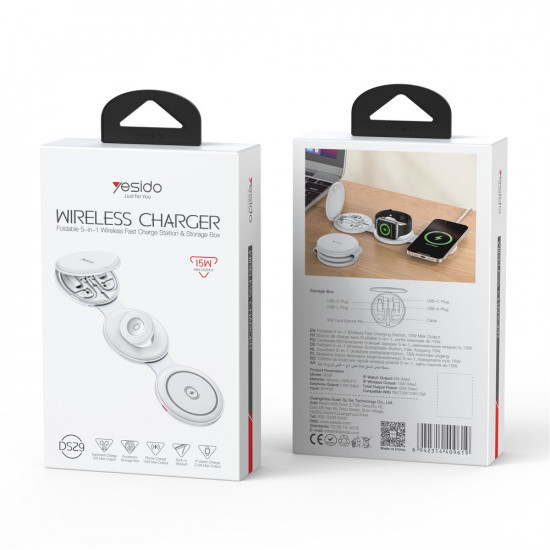 Yesido Wireless Charging Station 5in1 (DS29) for iPhone, Apple Watch, AirPods, Magnetic, Foldable, Holder, 15W White