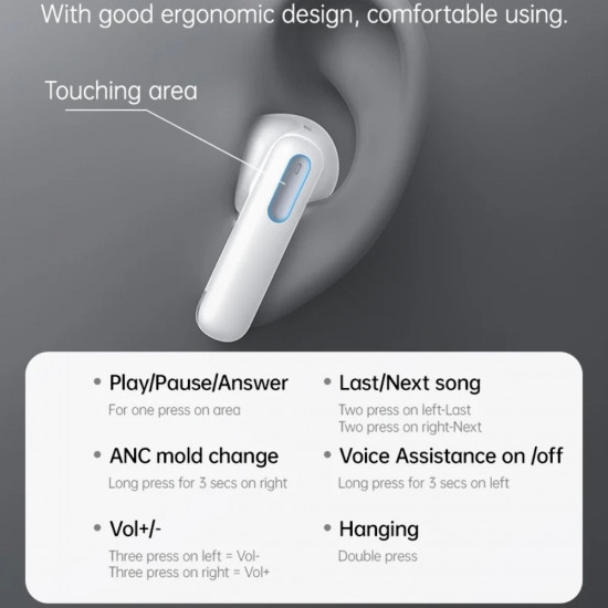 Yesido Wireless Earbuds (TWS34) Dual Microphone, ANC, Bluetooth 5.3, ENC, In ear Design, Touch Control, 320mAh White Yesido Wireless Earbuds (TWS34) Dual Microphone, ANC, Bluetooth 5.3, ENC, In ear Design, Touch Control, 320mAh White