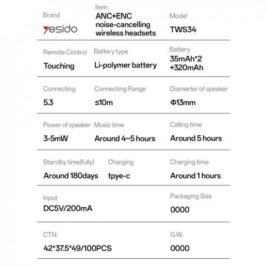 Yesido Wireless Earbuds (TWS34) Dual Microphone, ANC, Bluetooth 5.3, ENC, In ear Design, Touch Control, 320mAh White Yesido Wireless Earbuds (TWS34) Dual Microphone, ANC, Bluetooth 5.3, ENC, In ear Design, Touch Control, 320mAh White