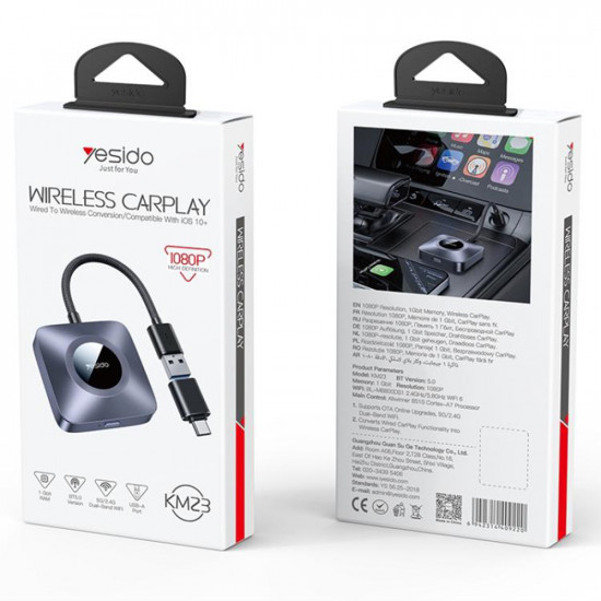 Yesido Wireless CarPlay Adapter (KM23) with USB to Type C Cable, Bluetooth V5.0, 1080P Grey