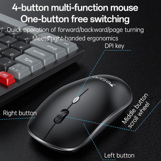 Yesido Wireless Keyboard and Mouse Set (KB43) 2.4GHz, 104 Keys, DPI:800 1000 1600, Fast Transmission, Low Latency Black