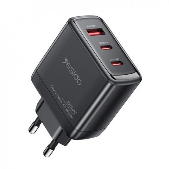 Yesido Wall Charger (YC144) 2x Type C, 1x USB A, 65W, GaN Technology, Fast Charging Black Yesido Wall Charger (YC144) 2x Type C, 1x USB A, 65W, GaN Technology, Fast Charging Black