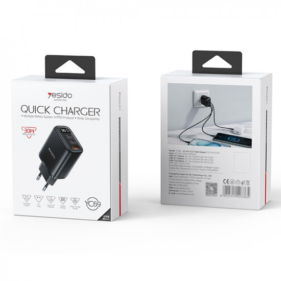 Yesido Wall Charger (YC69) with Digital Display, Fast Charge, for Phone, Tablet, Laptop, USB, 2x Type C, 30W Black