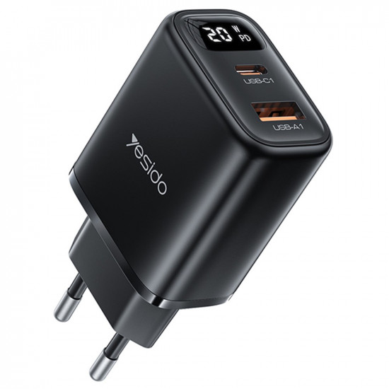 Yesido Wall Charger (YC68) with Digital Display, Quick Charge, for Phone, Tablet, USB, Type C, 20W Black