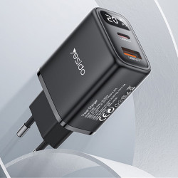 Yesido Wall Charger (YC68) with Digital Display, Quick Charge, for Phone, Tablet, USB, Type C, 20W Black Yesido Wall Charger (YC68) with Digital Display, Quick Charge, for Phone, Tablet, USB, Type C, 20W Black