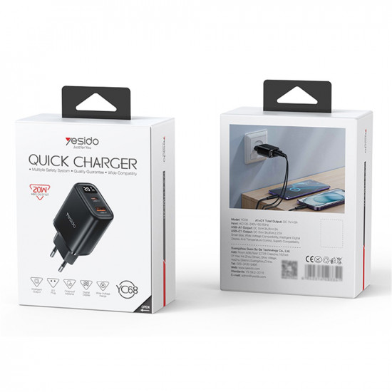 Yesido Wall Charger (YC68) with Digital Display, Quick Charge, for Phone, Tablet, USB, Type C, 20W Black