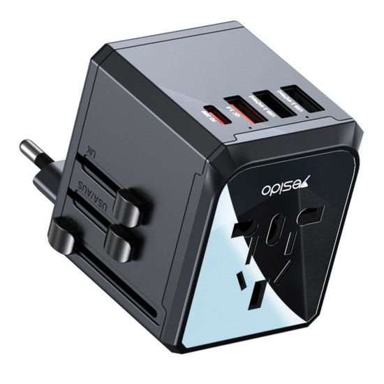 Yesido Travel Adapter (MC24) Type C, USB3.0, 2x USB2.4, Multifunctional Fast Charger Black