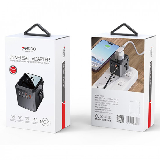 Yesido Travel Adapter (MC24) Type C, USB3.0, 2x USB2.4, Multifunctional Fast Charger Black