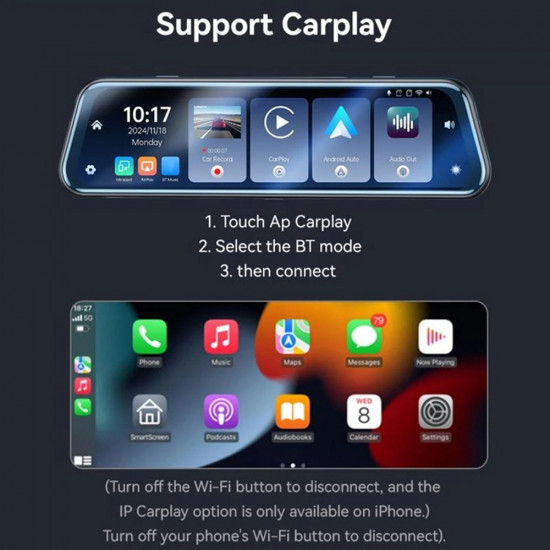 Yesido Rearview Mirror with Dash Cam (KM24) Carplay, Android Auto, AirPlay, BT5.2, Adjustable Camera Black