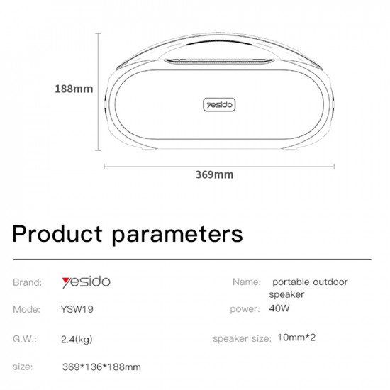 Yesido Wireless Speaker (YSW19) Bluetooth 5.0, RGB Lights, Stereo, IPX6, TF, AUX, Flash Disk, 3000mAh, 40W Black