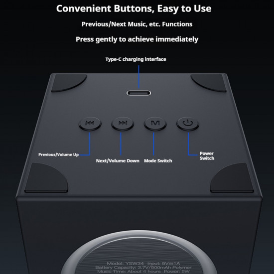 Yesido Portable Wireless Speaker (YSW34) Bluetooth V5.3, TWS, 500mAh, RGB Lights Black Yesido Portable Wireless Speaker (YSW34) Bluetooth V5.3, TWS, 500mAh, RGB Lights Black