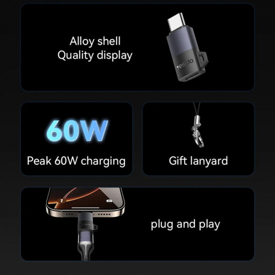 Yesido OTG Adapter (GS28) Lightning to Type C, 60W, Fast Charging, 480Mpb/s, Aluminum Alloy, Plug&Play Grey Yesido OTG Adapter (GS28) Lightning to Type C, 60W, Fast Charging, 480Mpb/s, Aluminum Alloy, Plug&Play Grey