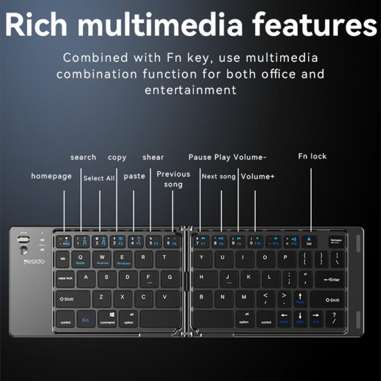 Yesido Foldable Keyboard (KB27) Type C, 150mAh, Bluetooth 5.0, Compact Design, Ultra Thin Black