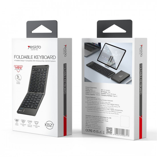 Yesido Foldable Keyboard (KB27) Type C, 150mAh, Bluetooth 5.0, Compact Design, Ultra Thin Black