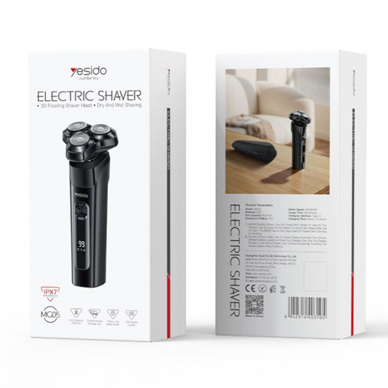 Yesido Electric Shaver Razor (MG05) with 3 Floating Cutter Heads, LED Power Display, USB, 9500RPM, 600mAh Black