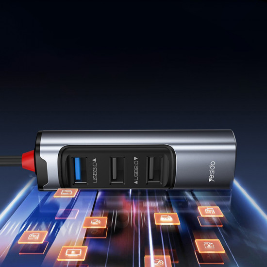 Yesido Docking Station 4in1 (HB19) USB, Type C to 3x USB, USB C, Fast Charge, Plug & Play, 5Gbps Gray