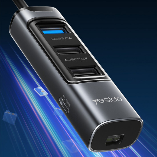 Yesido Docking Station 5in1 (HB24) Type C to 3x USB, USB C, Mini DisplayPort, PD100W, Fast Charge, 4K@30Hz, 5Gbps Gray