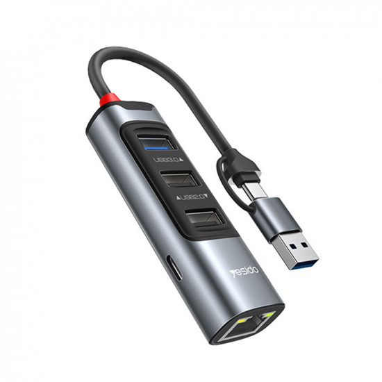 Yesido Docking Station (HB21) USB, Type C to 3x USB, USB C, RJ45 1000M, PD100W, Fast Charge, Plug & Play, 5Gbps Gray