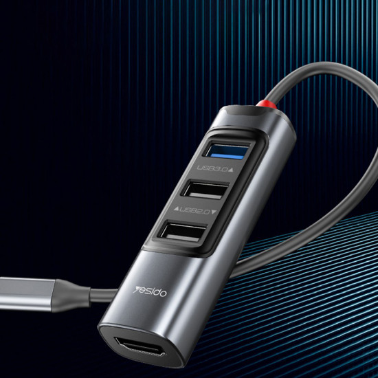 Yesido Docking Station 5in1 (HB22) Type C to 3x USB, USB C, HDMI, PD100W, Fast Charge, 4K@30Hz, 5Gbps Gray