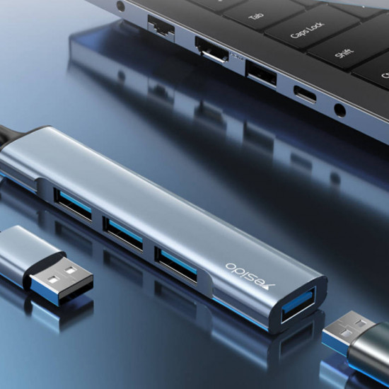 Yesido Docking Station 4in1 (HB18) USB to 1x USB3.0, 3x USB2.0, Plug&Play, 5Gbps, Aluminum Alloy Gray