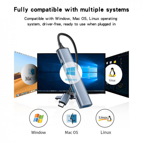 Yesido Docking Station 4in1 (HB17) Type C to 1x USB3.0, 3x USB2.0, Plug&Play, 5Gbps, Aluminum Alloy Gray