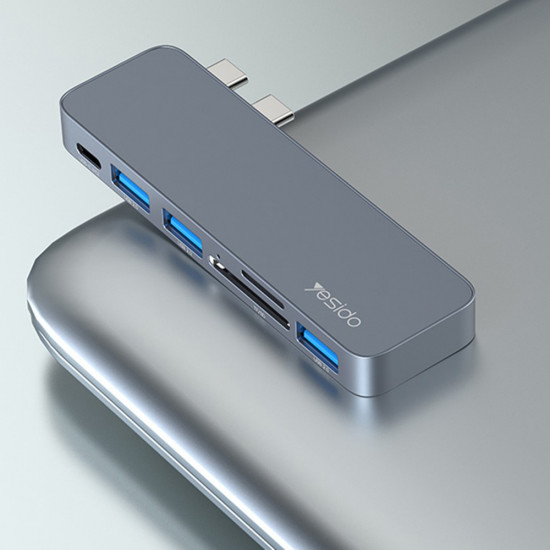 Yesido Docking Station 6in1 (HB10) 2x Type C to 3x USB, USB C, SD/TF, 6in1 Splitter, Fast Charging, 96W, 5Gbps Gray