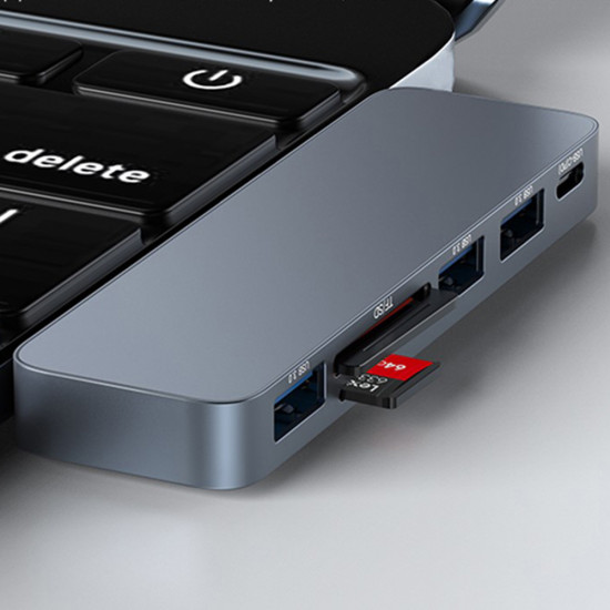 Yesido Docking Station 6in1 (HB10) 2x Type C to 3x USB, USB C, SD/TF, 6in1 Splitter, Fast Charging, 96W, 5Gbps Gray